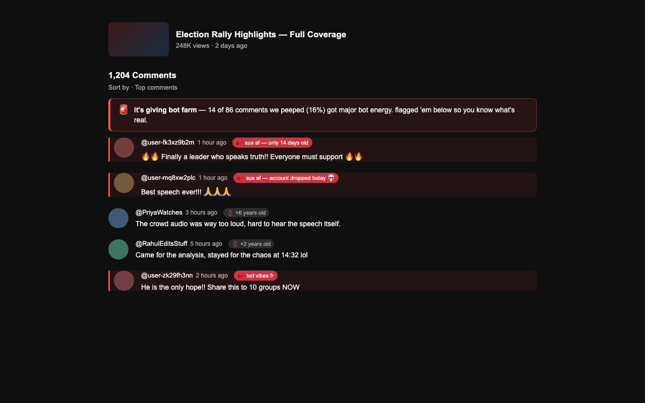 YouTube comments with a red high-bot-activity warning banner and flagged bot comments