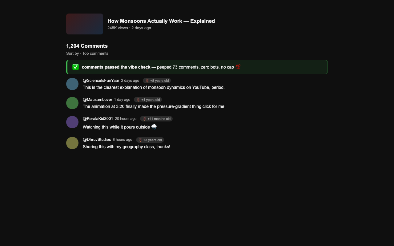 YouTube comments with a green banner saying comments passed the vibe check