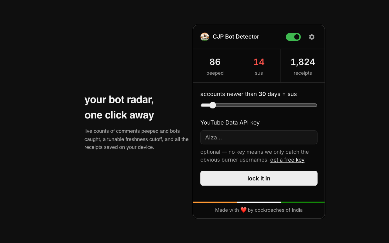 The extension popup showing scan counts, threshold slider and API key field